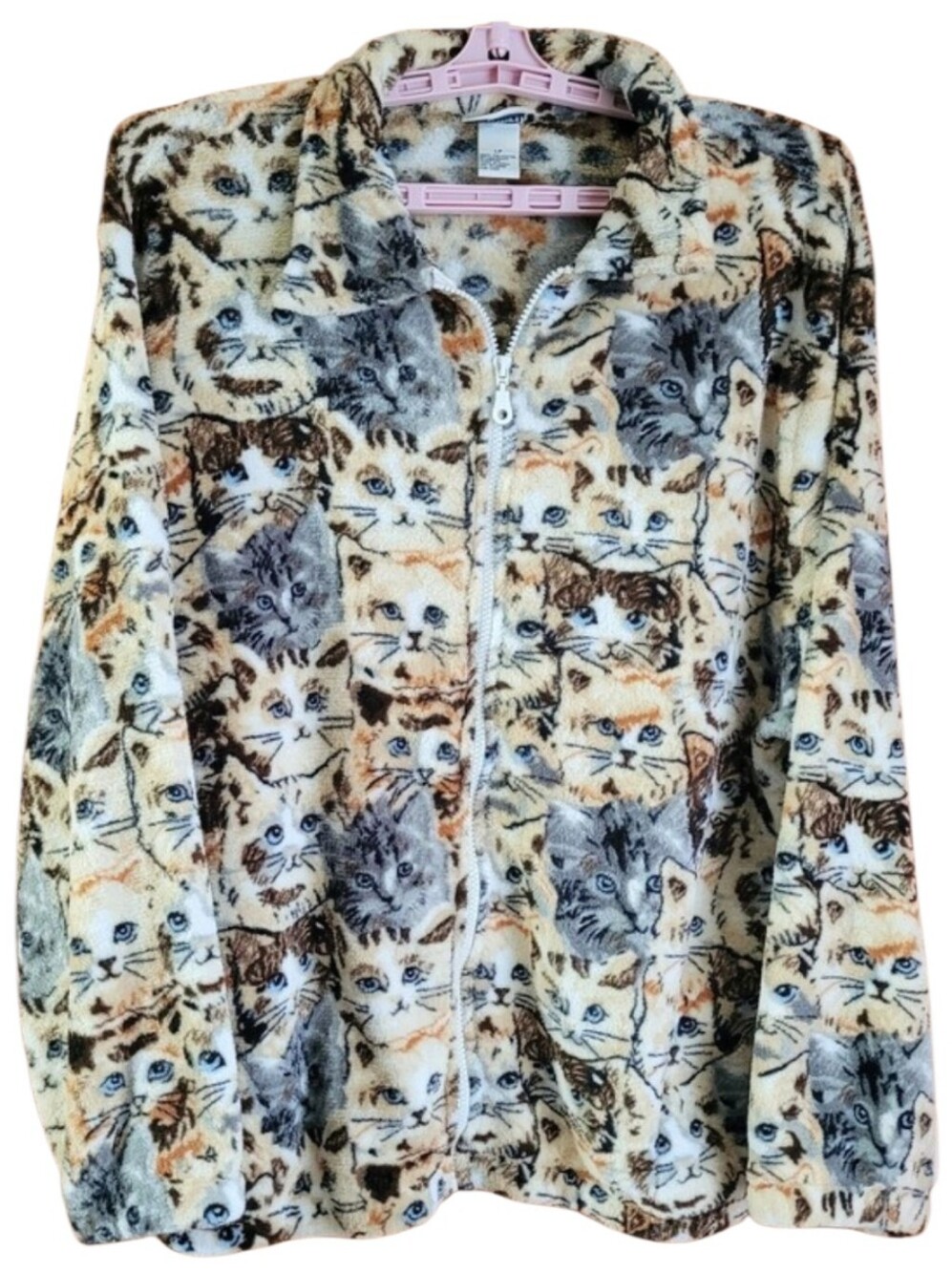 Vintage 90s BonWorth Cozy Cat Fleece Jacket All Over Print Large Petite LP